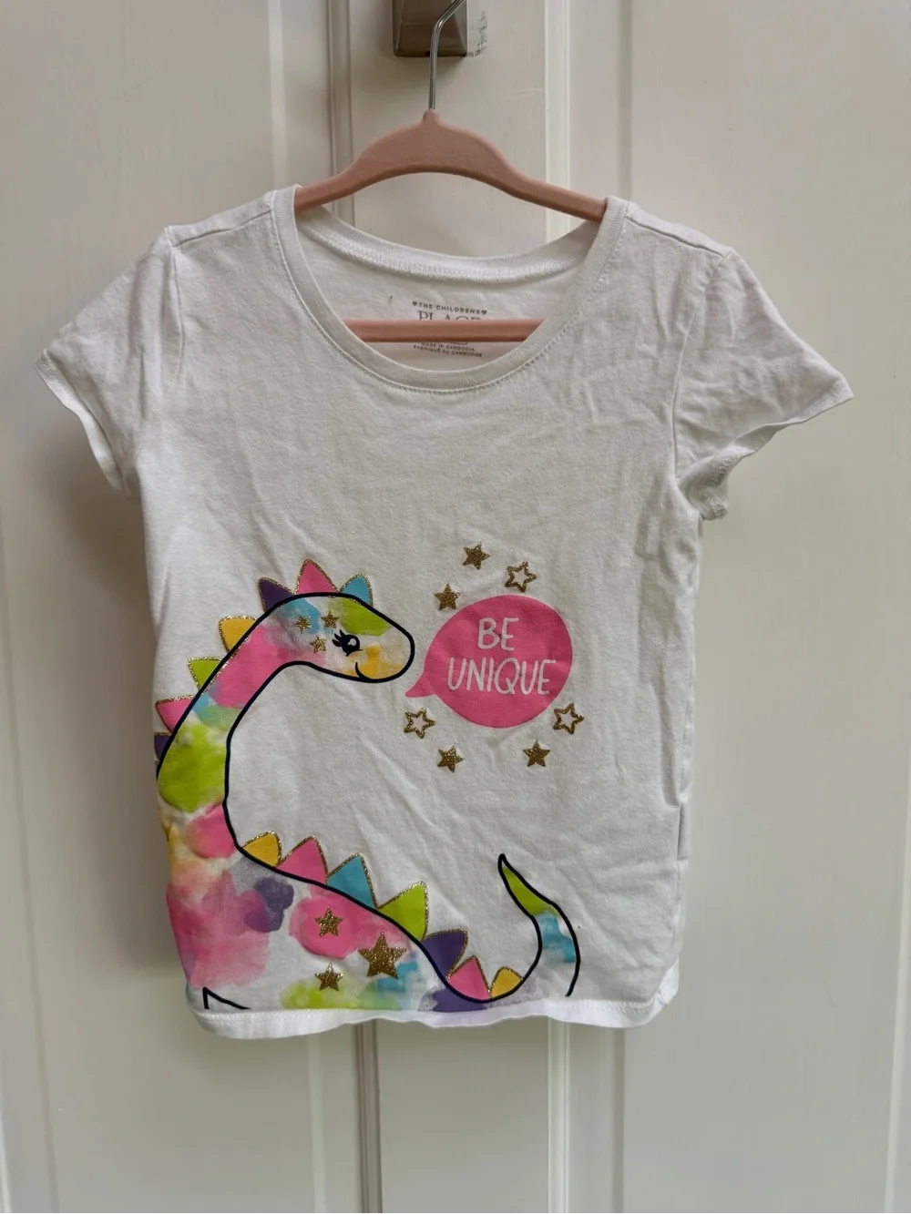 The Children's Place 4T Girls White Short-Sleeve Be Unique Dino Shirt Top Blouse